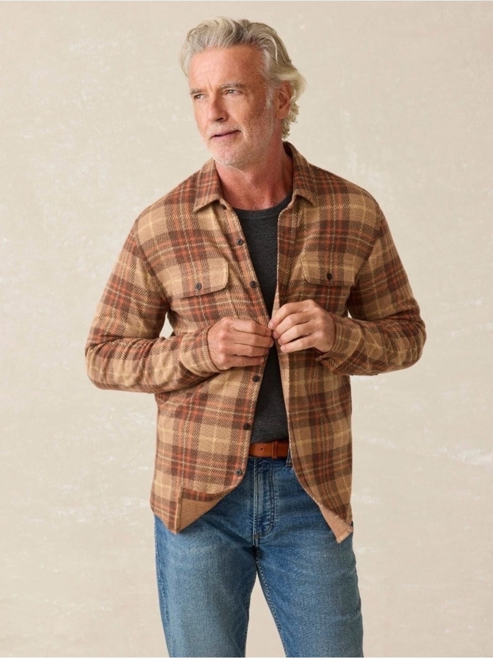 Faherty The Legend Sweater Shirt Plaid Flannel Shirt in Beige & Brown Sz Large